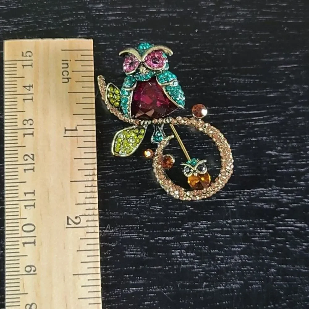 Multicolor Rhinestone Owl Brooch Pin Gold Tone Crystal Bird Women's Fashion Gift